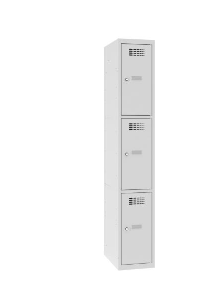 Ein lichtgrauer Fächerschrank mit einem Abteil und drei Fächern mit jeweils einer Tür. Alle Türen sind geschlossen. Der Schrank steht vor einem weißen Hintergrund.